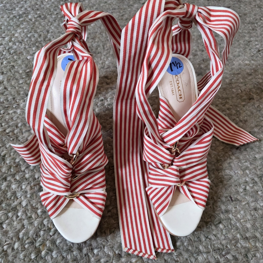 COACH size 7 1/2 Kimi orange/white ribbon strappy sandals worn once Vintage! - Picture 7 of 9